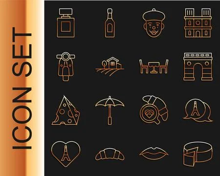 Set line Cheese, Eiffel tower, Triumphal Arch, French mime, Village landsca.. 스톡 일러스트