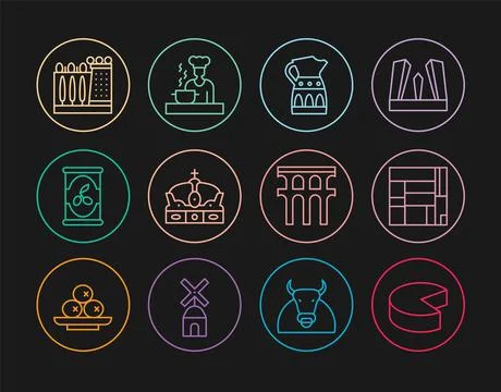 Set line Cheese, House Edificio Mirador, Sangria pitcher, Crown of spain, Oli 스톡 일러스트