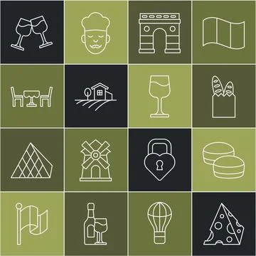 Set line Cheese, Macaron cookie, French baguette bread, Triumphal Arch, Village Stock Illustration
