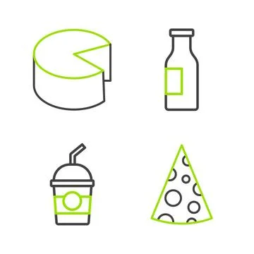Set line Cheese, Milkshake, Bottle with milk and icon. Vector Stock Illustration