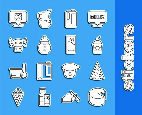 Set line Cheese, Milkshake, in plastic bottle, Baby milk, Cow head, and Glass Stock Illustration