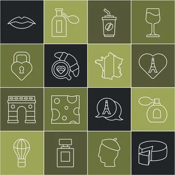 Set line Cheese, Perfume, Eiffel tower with heart, Coffee cup go, croissant 库存插图