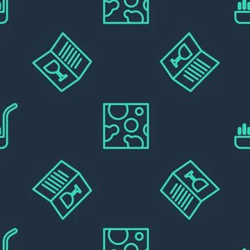 Set line Cheese, Restaurant cafe menu and Kitchen ladle on seamless pattern.. Stock Illustration