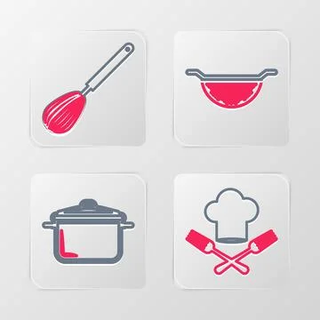 Set line Chef hat and fork, Cooking pot, Kitchen colander and whisk icon. V.. Stock Illustration