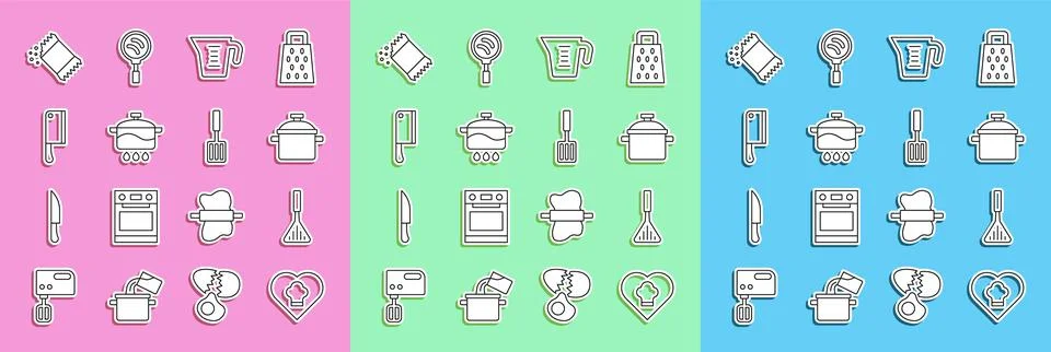 Set line Chef hat, Barbecue spatula, Cooking pot, Measuring cup, Meat chopper Stock Illustration