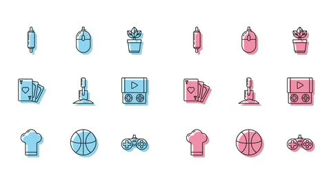 Set line Chef hat, Basketball ball, Rolling pin, Gamepad, Shovel the ground.. Stock Illustration