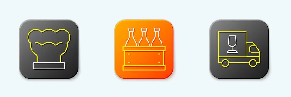 Set line Chef hat, Bottles of wine in box and Wine truck icon. Vector 스톡 일러스트