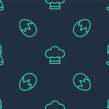 Set line Chef hat, Broken egg and Kitchen ladle on seamless pattern. Vector Illustrazione stock