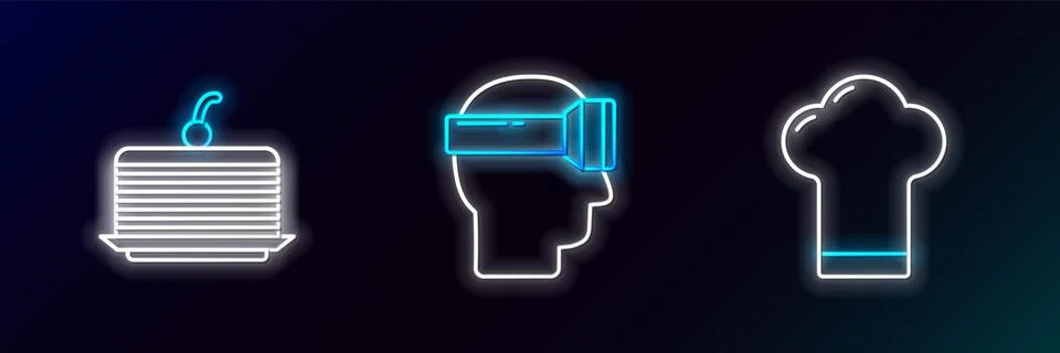 Set line Chef hat, Cake and Virtual reality glasses icon. Glowing neon. Vecto Stock Illustration