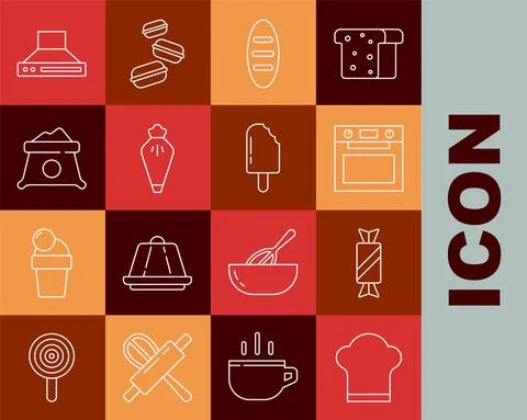 Set line Chef hat, Candy, Oven, Bread loaf, Pastry bag, Bag of flour, Kitchen Stock Illustration