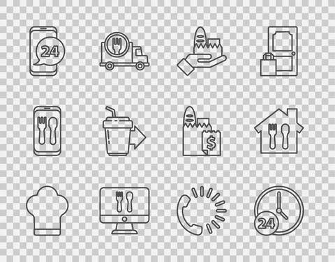 Set line Chef hat, Clock 24 hours, Online ordering and delivery, Food, Coffee Stock Illustration