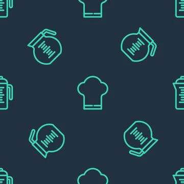 Set line Chef hat, Coffee pot and Teapot on seamless pattern. Vector Illustrazione stock