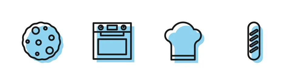 Set line Chef hat, Cookie or biscuit, Oven and French baguette bread icon Stockillustratie