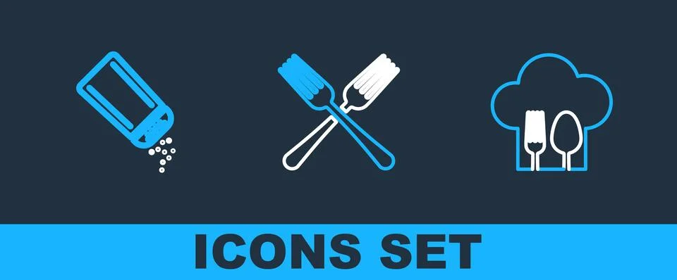 Set line Chef hat with fork and spoon, Salt pepper and Crossed icon. Vector 스톡 일러스트