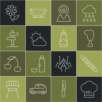 Set line Chef hat, French baguette bread, Chicken leg, Picnic location, Sun.. Ilustração Stock