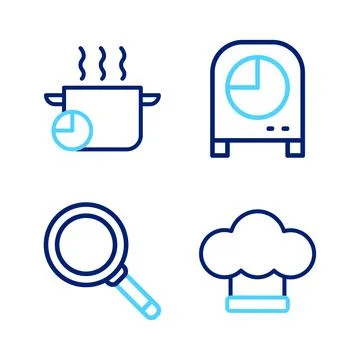 Set line Chef hat, Frying pan, Kitchen timer and Cooking pot icon. Vector Stock Illustration