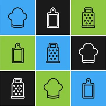 Set line Chef hat, Grater and Cutting board icon. Vector Stock Illustration