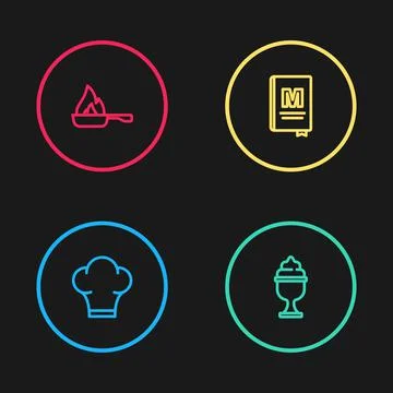 Set line Chef hat, Ice cream in bowl, Restaurant cafe menu and Frying pan icon Illustration