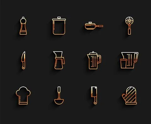 Set line Chef hat, Kitchen ladle, Pepper, Meat chopper, Oven glove, Measuring Stock Illustration