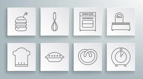 Set line Chef hat, Kitchen whisk, Homemade pie, Pretzel, timer, Oven, Scales and Stock Illustration