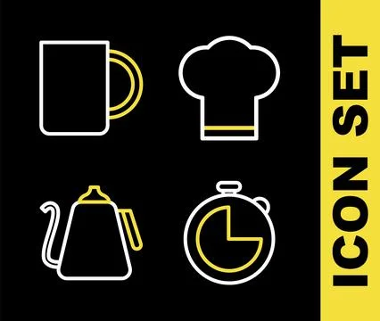Set line Chef hat, Kitchen timer, Kettle with handle and Coffee cup icon. V.. Stock Illustration