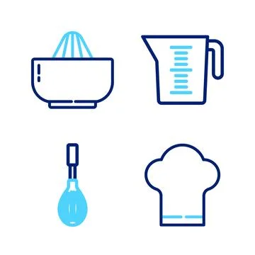 Set line Chef hat, Kitchen whisk, Measuring cup and Citrus fruit juicer ico.. Stock Illustration