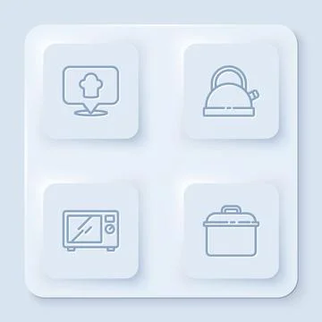 Set line Chef hat with location, Kettle handle, Microwave oven and Cooking pot Illustration