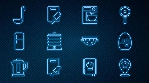 Set line Chef hat with location, Kitchen timer, Electric mixer, Slow cooker Stock Illustration