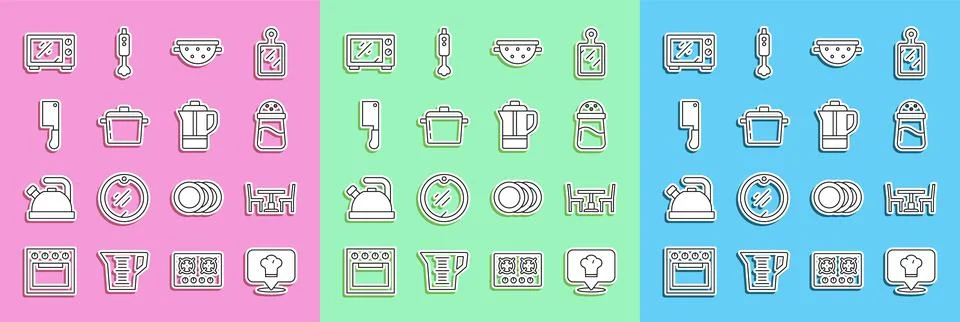 Set line Chef hat with location, Wooden table chair, Salt, Kitchen colander Illustration