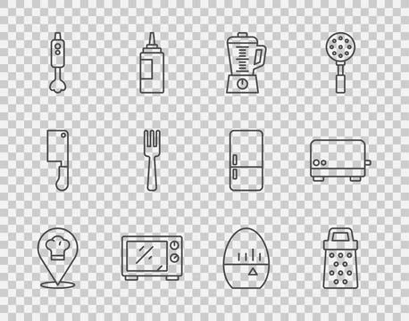 Set line Chef hat with location, Grater, Blender, Microwave oven, Fork, Kitchen Stock Illustration