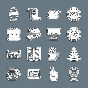 Set line Chef hat with location, Slice of pizza, Toilet, Roasted turkey or Stock Illustration