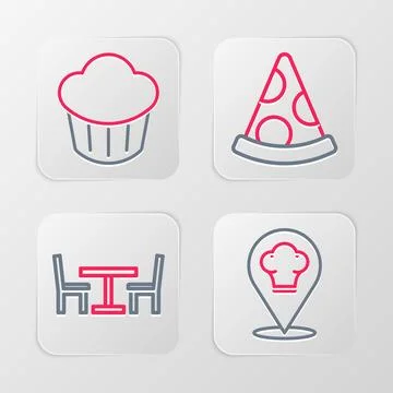 Set line Chef hat with location, Wooden table chair, Slice of pizza and Cup.. Illustrazione stock