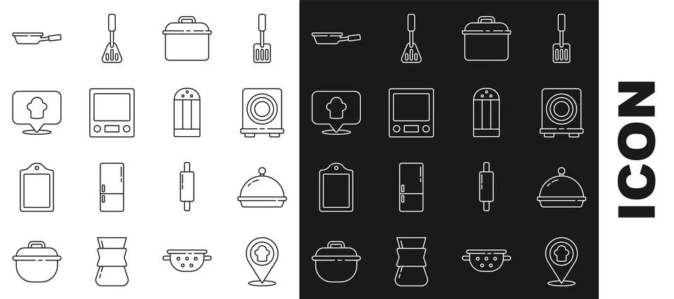 Set line Chef hat with location, Covered tray of food, Electric stove, Cook.. Stock Illustration