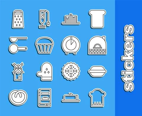 Set line Chef hat, Macaron cookie, Brick stove, Stack of pancakes, Muffin Stock Illustration