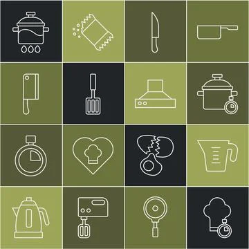 Set line Chef hat, Measuring cup, Cooking pot, Knife, Barbecue spatula, Meat Illustrazione stock