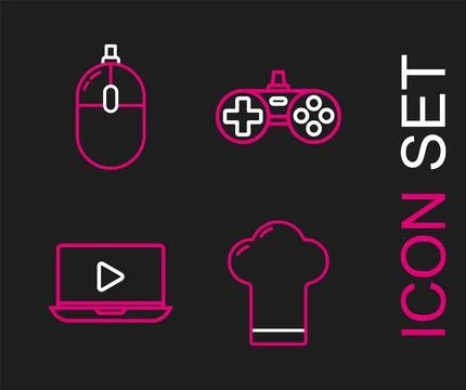 Set line Chef hat, Online play video, Gamepad and Computer mouse icon. Vector Stock Illustration