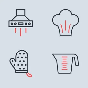 Set line Chef hat, Oven glove, Measuring cup and Kitchen extractor fan icon.. Illustrazione stock