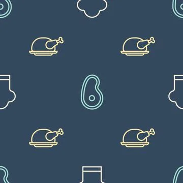 Set line Chef hat, Roasted turkey or chicken and Steak meat on seamless pattern 스톡 일러스트