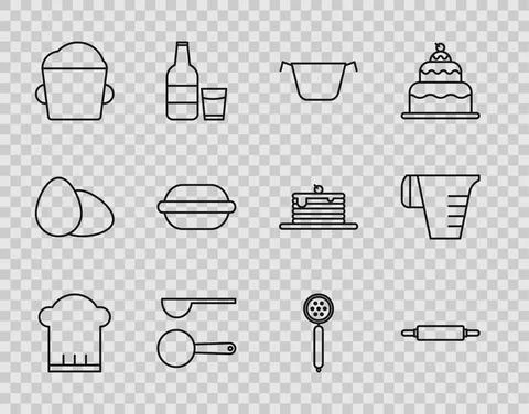 Set line Chef hat, Rolling pin, Cooking pot, Measuring spoon, Bakery bowl dough Stockillustratie