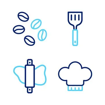 Set line Chef hat, Rolling pin on dough, Spatula and Coffee beans icon. Vecto Stock Illustration