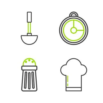 Set line Chef hat, Salt, Kitchen timer and ladle icon. Vector 스톡 일러스트