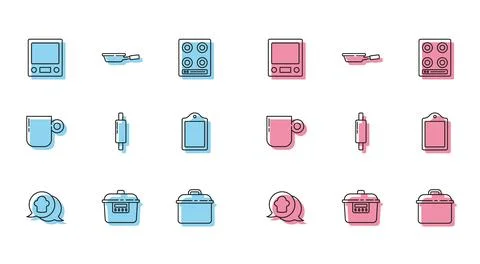 Set line Chef hat in speech bubble, Slow cooker, Electronic scales, Cooking pot Stock-Illustration
