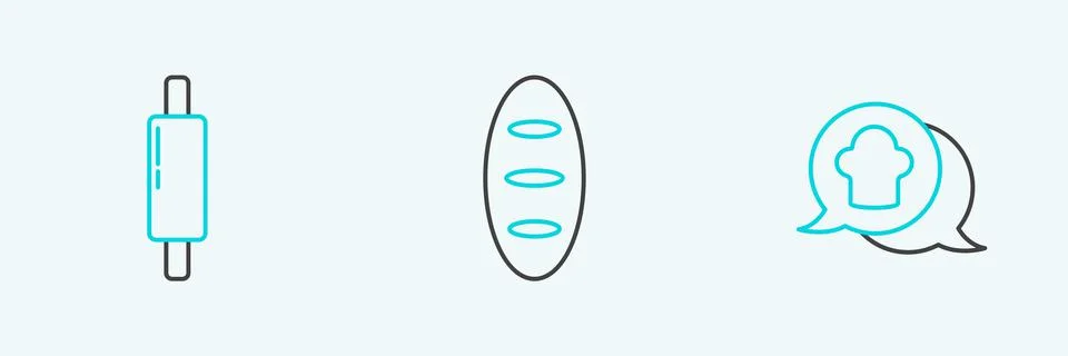 Set line Chef hat in speech bubble, Rolling pin and Bread loaf icon. Vector Stockillustratie