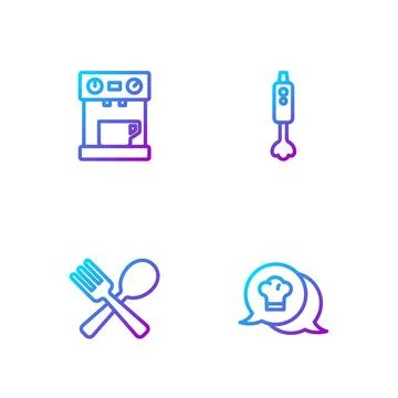 Set line Chef hat in speech bubble, Crossed fork and spoon, Coffee machine and Stock Illustration