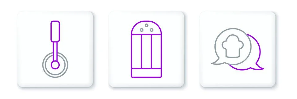 Set line Chef hat in speech bubble, Pizza knife and Salt icon. Vector Stock Illustration