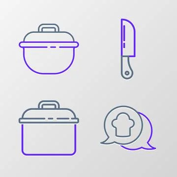 Set line Chef hat in speech bubble, Cooking pot, Knife and  icon. Vector Stock Illustration