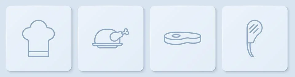 Set line Chef hat, Steak meat, Roasted turkey or chicken and Rib eye steak Stock Illustration