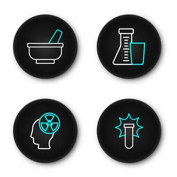 Set line Chemical explosion, Head and radiation symbol, Test tube flask and.. Stock Illustration