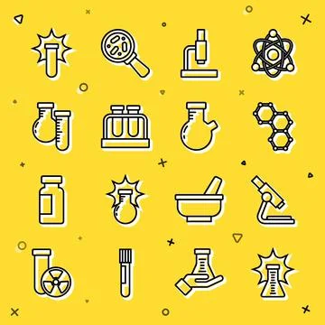 Set line Chemical explosion, Microscope, formula, Test tube and flask, and icon Stock Illustration