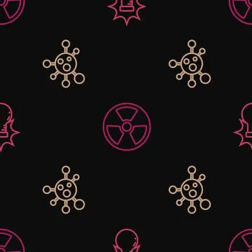 Set line Chemical explosion, Molecule and Radioactive on seamless pattern. Ve Stock Illustration